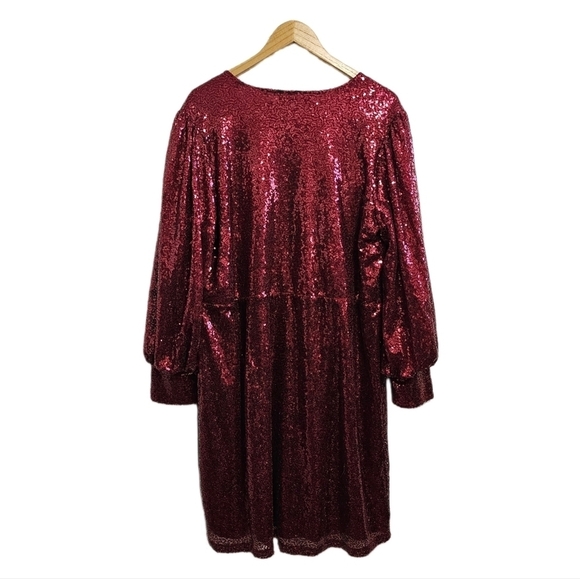 Eloquii cherry burgundy red sequins puff long sleeve v-neck midi wrap dress 20 - Picture 14 of 15
